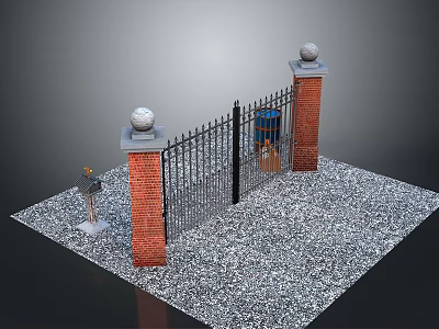 Iron Gate Entrance With Brick Pillars Stone Balls And Gravel Ground 3d model
