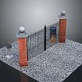 Iron Gate Entrance With Brick Pillars Stone Balls And Gravel Ground