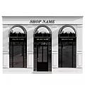 Elegant Arched Shop Window Display In White Building With Brand Name Signs And Street Reflections