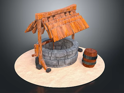 Traditional Well Structure With Wooden Thatched Roof Stone Bricks And Barrel 3d model