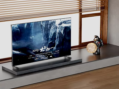 Modern Flat Screen Television On Stand With Waterfall Display And Decorative Items 3d model