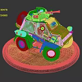 Green Tank Model with Red Star Four Wheels on Black Circular Base and Autumn Leaves