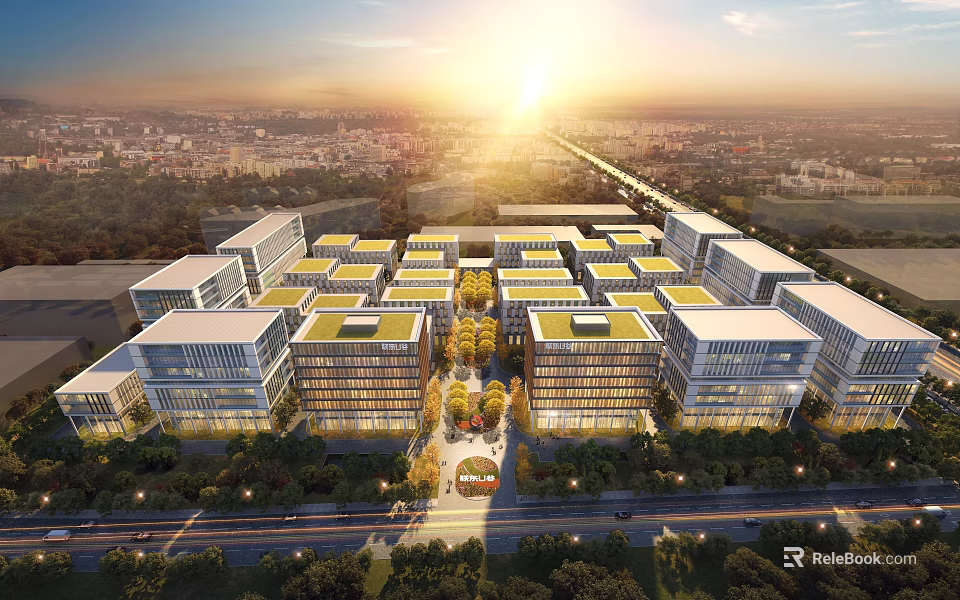 Modern Industrial Park With Green Roofs Central Gardens And Wide Roads 3d model 