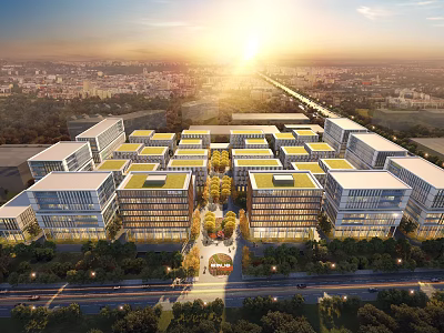 Modern Industrial Park With Green Roofs Central Gardens And Wide Roads 3d model