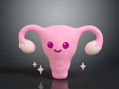 Cute Pink Uterus Organ With Smiling Face Purple Eyes Ovaries And Sparkles 3d model
