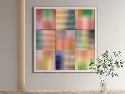 Colorful Striped Painting Hanging On Wall With Green Plant In Interior 3d model