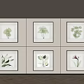 Six Botanical Paintings in Black Frames on Light Colored Wall with Wooden Floor Modern Decor