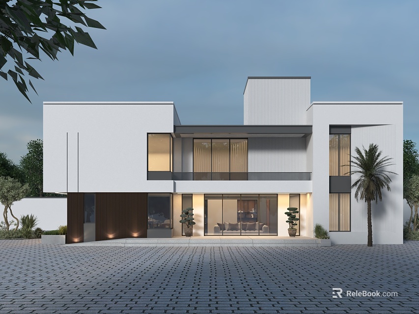 Modern Detached Villa With White Exterior Large Glass Windows And Palm Trees In Courtyard 3d model 
