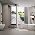 Modern Bathroom Interior with Large Window Scenic View Bathtub Toilet Shelves Rug and Plant