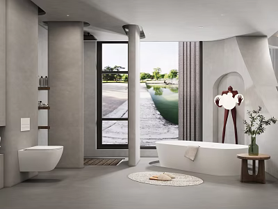 Modern Bathroom Interior with Large Window Scenic View Bathtub Toilet Shelves Rug and Plant 3d model