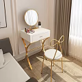 White Dressing Table with Gold Legs Round Mirror Gold Chair and Cosmetics Plant