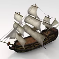 Vintage Sailing Ship With Wooden Hull White Sails And Multiple Masts 3d model