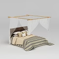 Elegant Bedroom Interior With Wicker Headboard Striped Bedspread And Canopy Frame 3d model