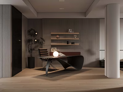 Modern Study Room Interior With Wooden Desk Comfortable Chair Floating Shelves And Potted Plant 3d model