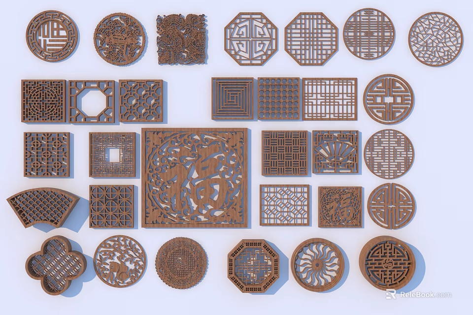 Traditional Wooden Carved Lattice Windows With Various Geometric And Floral Designs 3d model 