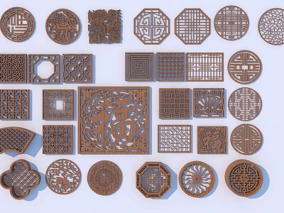 Traditional Wooden Carved Lattice Windows With Various Geometric And Floral Designs 3d model