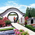 Cemetery Scene With Visitors Taking Photos Walking Path Tombstones Red Flowers And Green Trees