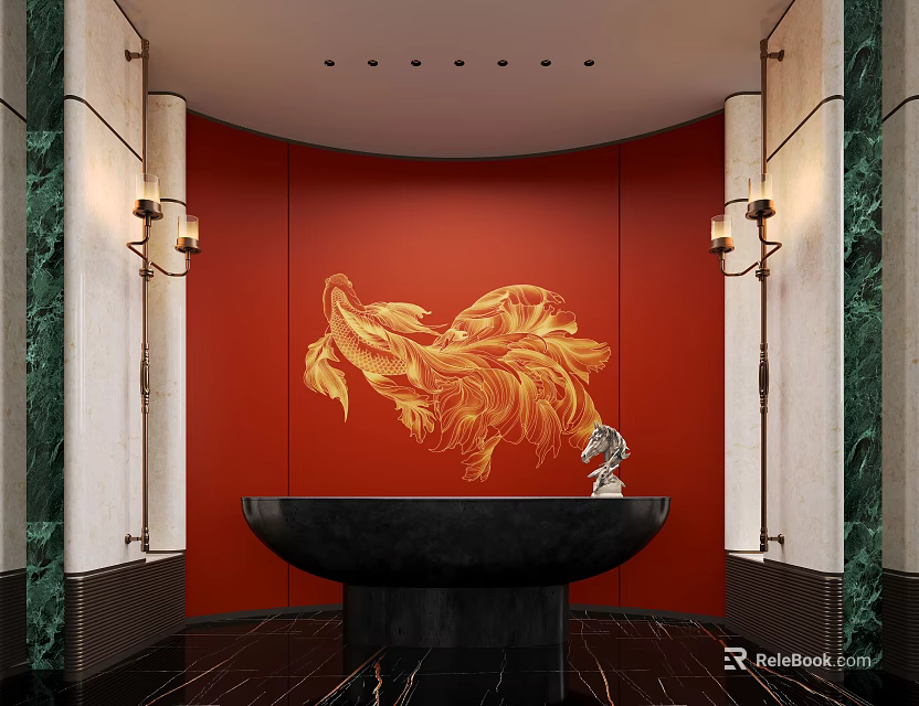 Hotel Lobby Featuring Red Wall Golden Phoenix Pattern Black Reception Desk Green Marble 3d model