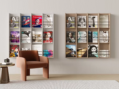 Modern Minimalist Bookcase Interior With Open Shelves Magazines And Brown Chair Side Table 3d model
