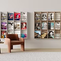 Modern Minimalist Bookcase Interior With Open Shelves Magazines And Brown Chair Side Table