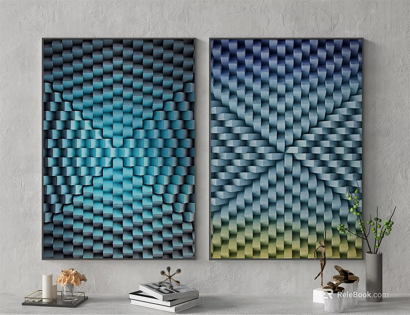 Modern Abstract Paintings With Geometric Patterns And Gradient Colors On Wall With Decor Items 3d model