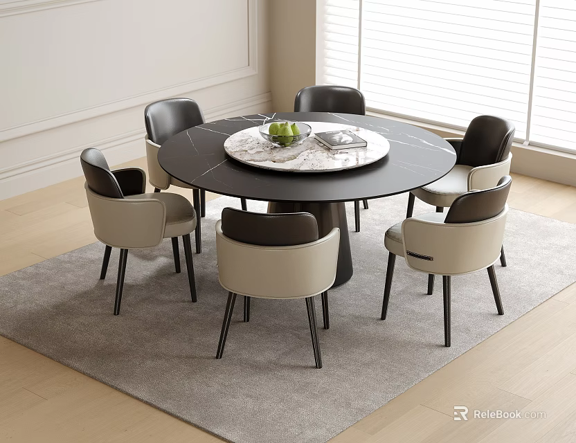 Modern Round Dining Table and Chairs Set With Marble Top and Beige Black Seats 3d model 