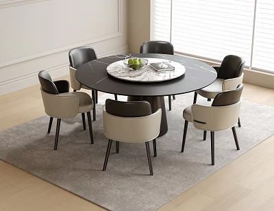 Modern Round Dining Table and Chairs Set With Marble Top and Beige Black Seats 3d model