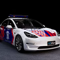 White Police Car With Blue Red Stripes Emergency Lights And Badge