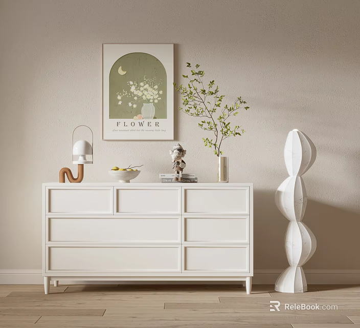 Modern Entryway Console Table With Decorative Lamp Lemon Bowl Vase Green Plant And Flower Art 3d model 