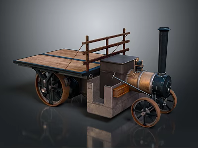 Vintage Steam Powered Vehicle with Wooden Flatbed Railings Steam Engine Chimney and Wheels 3d model