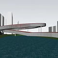 Modern Spiral Bridge With Red White Railings Over Waterfront And Green Space Against Urban Skyline