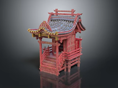 Traditional Red Pavilion Architecture With Carved Decorations Tile Roof And Staircase Railings 3d model