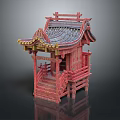 Traditional Red Pavilion Architecture With Carved Decorations Tile Roof And Staircase Railings