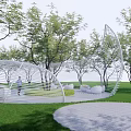 Modern Garden Landscape With White Curved Structures Trees Lawn And Pathway 3d model