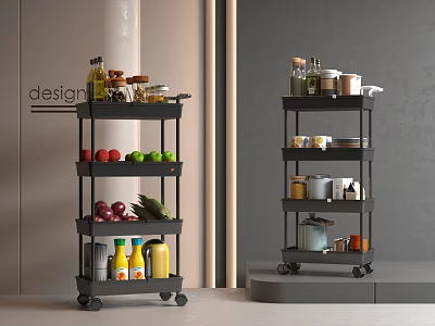 Black Wheeled Multi Tiered Storage Shelf With Fruits Vegetables Bottles And Jars 3d model