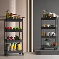 Black Wheeled Multi Tiered Storage Shelf With Fruits Vegetables Bottles And Jars