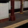 Subway Platform With White Brick Walls Red Pillars And Wet Yellow Edge Floor