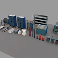 Various Industrial Equipment Including Blue Lockers Metal Shelves Gas Cylinders Fire Extinguishers And Control Panels