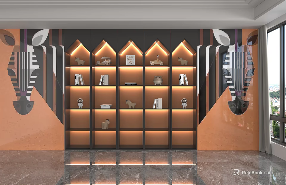 Modern Orange Toned Shelving Unit With Black Frame Built in Lighting Layered Design And Decorative Items 3d model 