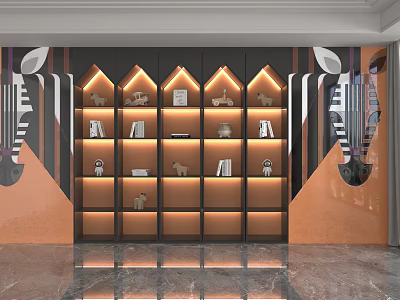 Modern Orange Toned Shelving Unit With Black Frame Built in Lighting Layered Design And Decorative Items 3d model