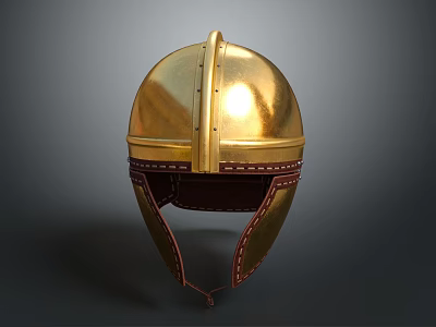 Golden Ancient Helmet With Metallic Surface And Leather Trim Details 3d model