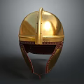 Golden Ancient Helmet With Metallic Surface And Leather Trim Details