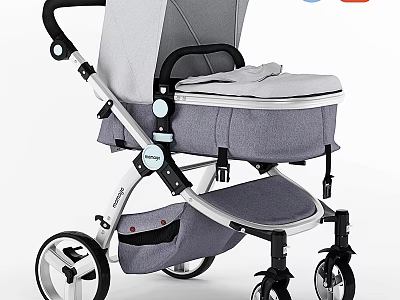 Modern Stylish Gray Baby Stroller With Padded Seat Storage Pocket And Black Wheels 3d model