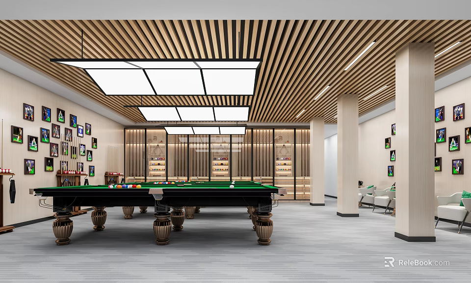 Modern Billiard Room With Pool Table Ceiling Lights And Wall Art 3d model 