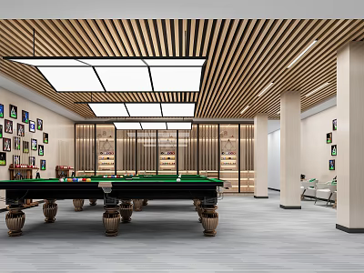 Modern Billiard Room With Pool Table Ceiling Lights And Wall Art 3d model
