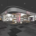 Shopping Mall Interior With Various Retail Stores Product Displays Mushroom Shaped Hut And Red Signage