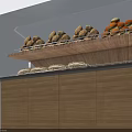 Bakery Display Case With Glass Shelves Holding Various Breads And Pastries On Wooden Cabinet