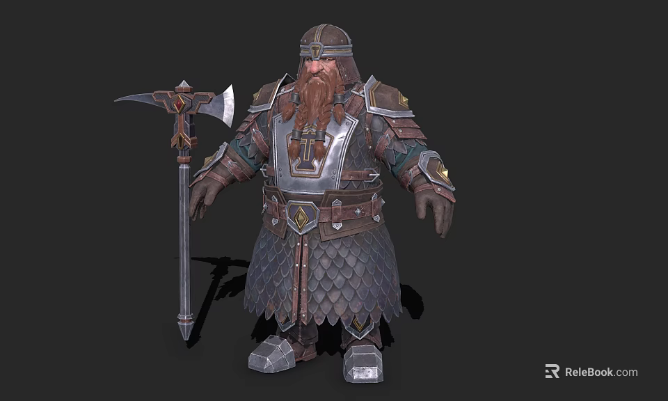 Bearded Dwarf Warrior In Scaled Armor Holding Battle Axe With Metallic Accents Fantasy Character 3d model 