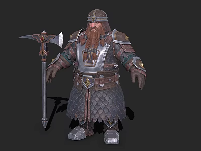 Bearded Dwarf Warrior In Scaled Armor Holding Battle Axe With Metallic Accents Fantasy Character 3d model