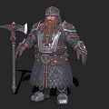 Bearded Dwarf Warrior In Scaled Armor Holding Battle Axe With Metallic Accents Fantasy Character
